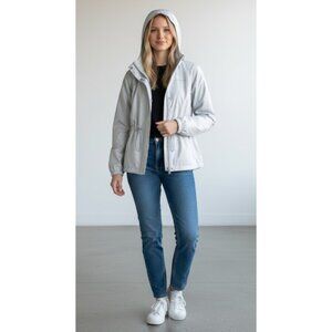 Columbia Hooded Cinched Waist Silver Gray Print Windbreaker Jacket Women's M